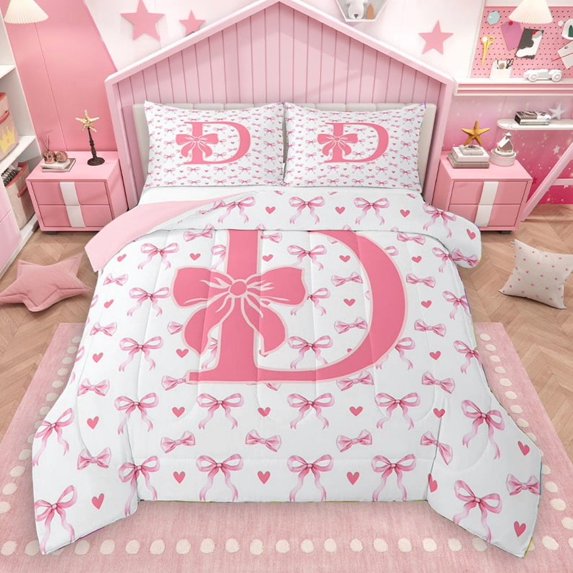 Homewish Personalized Initial Letter D 2pcs Bedding Comforter Set for Kids Children Girls,Love Heart Print Twin Comforter Sets,Dreamy Princess Bow Breathable Bedding Set,Luxury Bedroom Decor