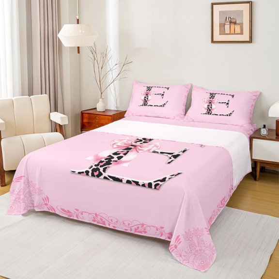 Homewish Personalized Initial Letter E 3pcs Twin Sheet Sets for Kids Children Girls,Leopard Print Twin Fitted Sheet,Dreamy Princess Bow Breathable Flat Sheet,Luxury Bedroom Decor