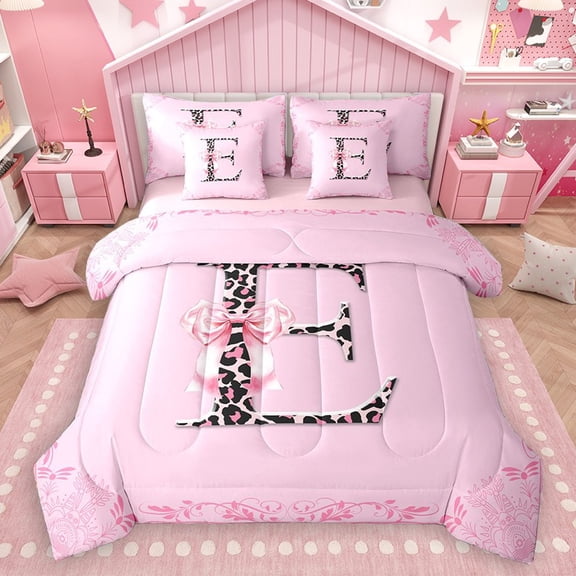 Homewish Personalized Initial Letter E 7-Piece Bedding Comforter Set for Kids Children Girls,Leopard Print King Bedding Sets,Dreamy Princess Bow Ultra Soft Bed Sheets,Luxury Bedroom Decor,Reversible