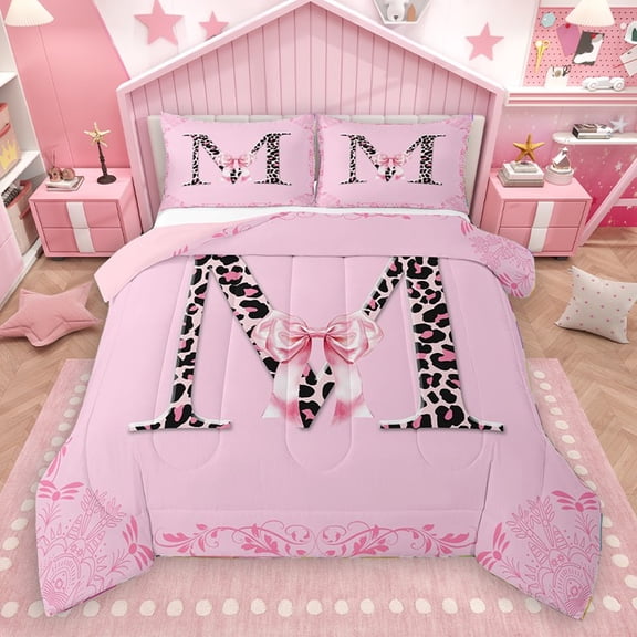 Homewish Personalized Initial Letter M 2pcs Bedding Comforter Set for Kids Children Girls,Leopard Print Twin Comforter Sets,Dreamy Princess Bow Breathable Bedding Set,Luxury Bedroom Decor,Reversible