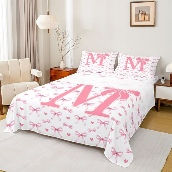 Homewish Personalized Initial Letter M 4-Piece Full Size Sheets for Kids Children Girls,Love Heart Print Bed Sheets,Dreamy Princess Bow Lightweight Sheet Sets,Luxury Bedroom Decor