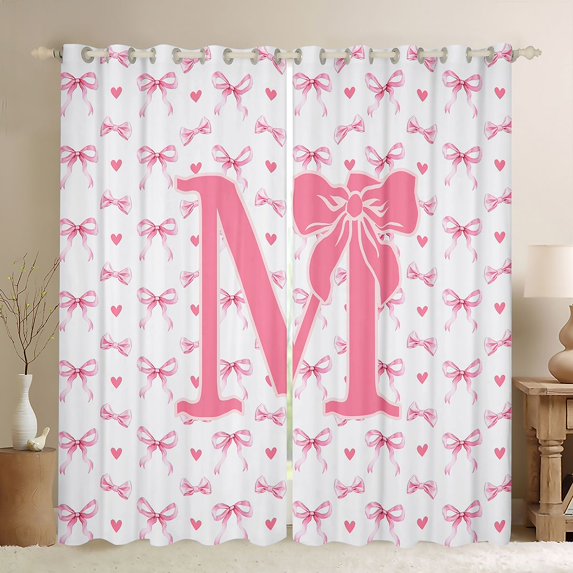 Homewish Personalized Initial Letter M Curtains Pack of 2 (42x84 Each) for Kids Children Girls,Love Heart Print Curtains Blackout,Dreamy Princess Bow Bedroom Curtains,Luxury Bedroom Decor