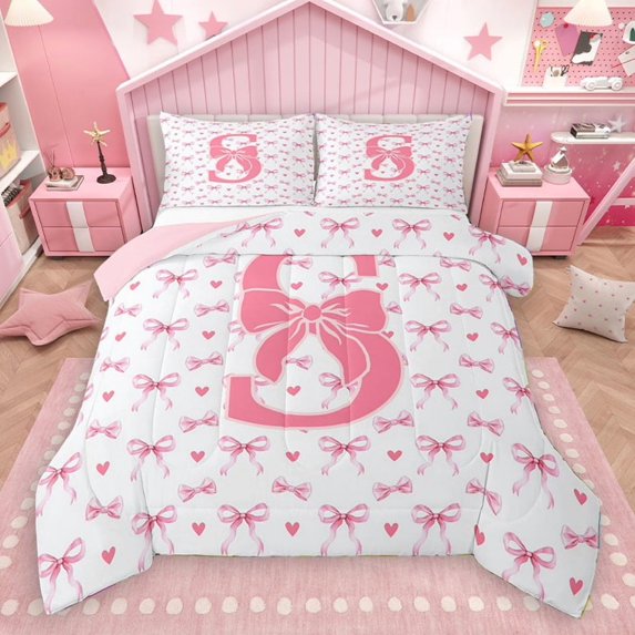 Homewish Personalized Initial Letter S 2pcs Bedding Comforter Set for Kids Children Girls,Love Heart Print Twin Comforter Sets,Dreamy Princess Bow Breathable Bedding Set,Luxury Bedroom Decor