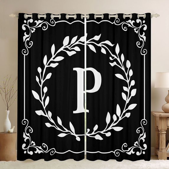 Homewish Personalized Initial P Blackout Curtains Set of 2 (52x84 Each) For Teens Boys Girls,Black White Window Curtains,Botanical Plants Leaves Curtains and Drapes,Microfiber Bedroom Decor