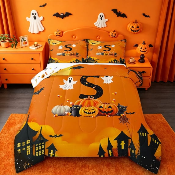 Homewish Personalized Letter Gifts Full Size Comforter Sets,Halloween Themed Alphabet S Bedding Comforter Set,Halloween Reversible,3-Piece,1 Comforter and 2 Pillowcases