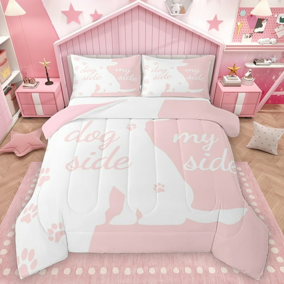 Homewish Pet Animal Lovers Queen Comforter Set,Cartoon Dogs Silhouette Bedding Sets,Pink White Bedding Comforter Set Fot Girl Boys,Microfiber Bedroom Decor Reversible,3pcs