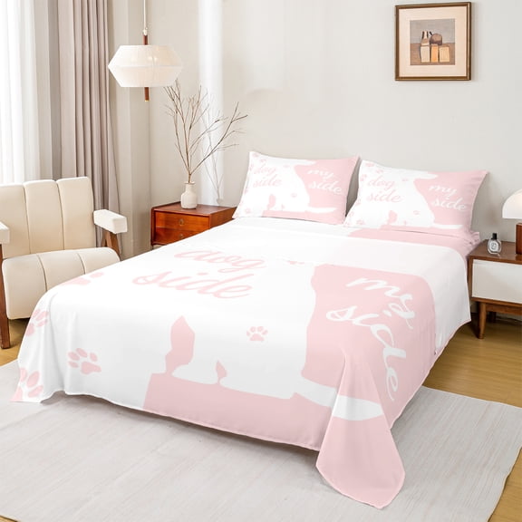 Homewish Pet Animal Lovers Twin Sheet Sets,Cartoon Dogs Silhouette Twin Fitted Sheet,Pink White Flat Sheet Fot Girl Boys,Microfiber Bedroom Decor,3-Piece