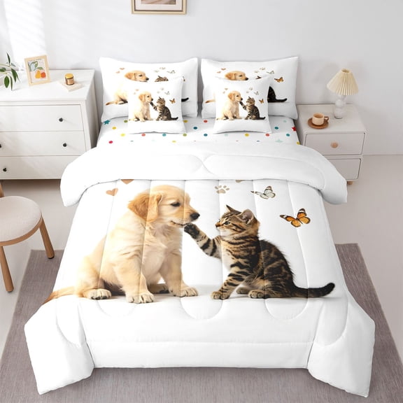 Homewish Pet Cat Dog 7-Piece Twin Bedding,Cartoon Animal Bedding Comforter Set,White,Butterfly Decor,Polkadot Reversible