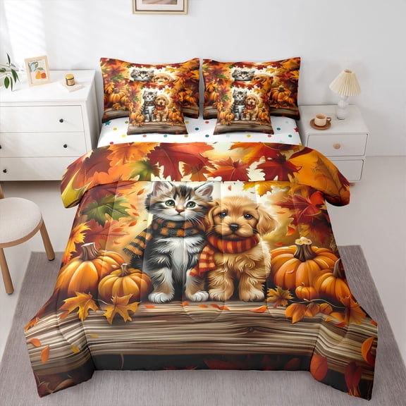 Homewish Pet Cat Dog 7 Pieces Full Size Bedding Sets,Orange Pumpkin Full Size Bed in a Bag,Autumn Decor,Polkadot Reversible