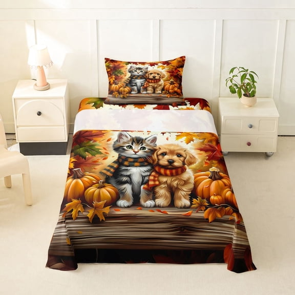Homewish Pet Cat Dog Twin Sheets,Orange Pumpkin Bedding,Autumn Decor,3 Pieces,1 Fitted Sheet and 1 Pillowcase