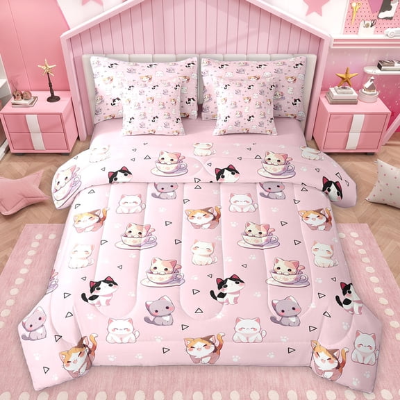 Homewish Pet Cat Kitten 7-Piece Twin Bedding Sets,Cute Cartoon Animal Bedding Comforter Set,Pink White Gray Sheet Sets For Girls Kids,Microfiber Bedroom Decor Reversible