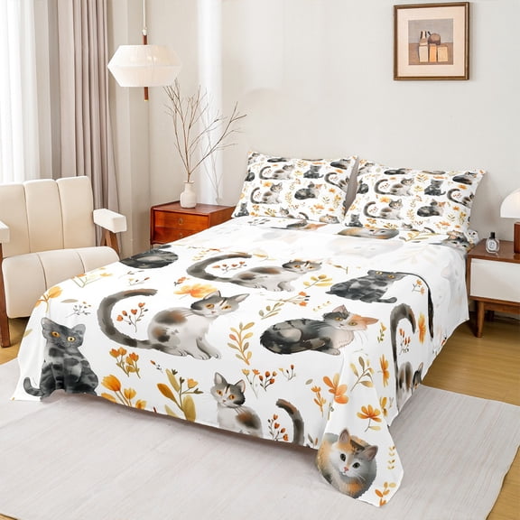Homewish Pet Cat Kitten Twin Sheet Sets,Country Floral Twin Fitted Sheet,White Gray Orange Flat Sheet For Kids,Luxury Bedroom Decor,3 Pieces