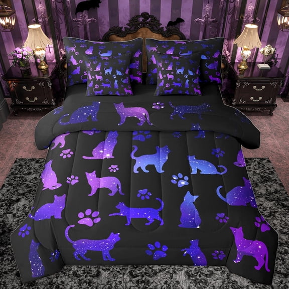 Homewish Pet Cat Silhouette 7-Piece Twin Bedding Sets,Chic Sequin Print Bedding Comforter Set,Purple Black Sheet Sets For Girl,Microfiber Bedroom Decor Reversible
