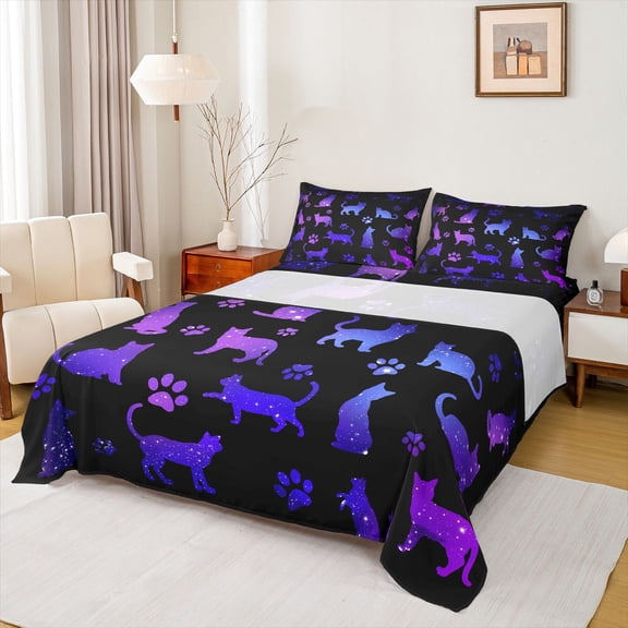 Homewish Pet Cat Silhouette Twin Sheet Sets,Chic Sequin Print Twin Fitted Sheet,Purple Black Flat Sheet For Girl,Microfiber Bedroom Decor,3-Piece