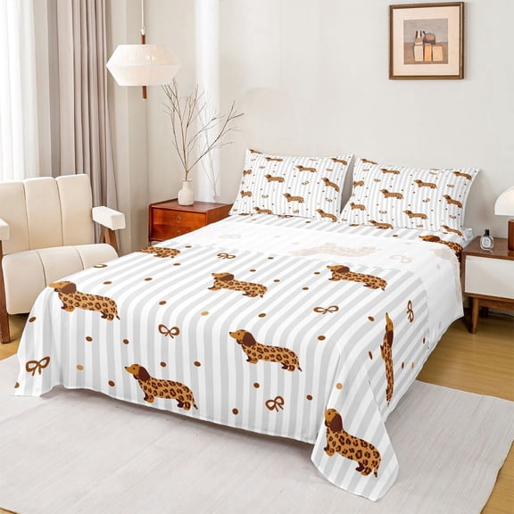 Homewish Pet Dachshund Bed Sheets,Kawaii Bowtie Full Size Sheets,Gray White Striped Decor,4-Piece,1 Flat Sheet, 1 Fitted Sheet and 2 Pillowcases