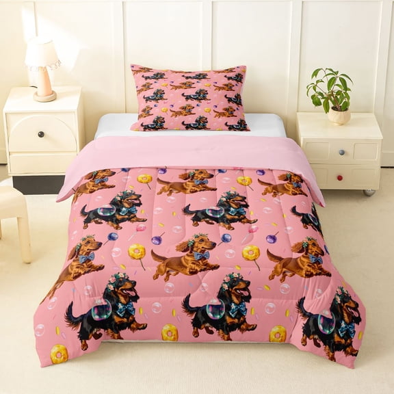 Homewish Pet Dachshund Twin Comforter Sets,Cute Animal Bedding Set,Pink,Pink Reversible,2 Pieces,1 Comforter and 1 Pillowcase