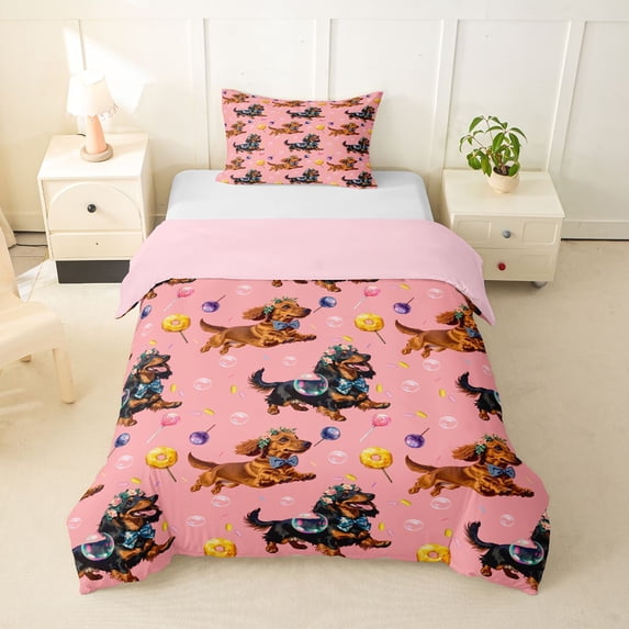 Homewish Pet Dachshund Twin Duvet Cover,Cute Animal Twin Bedding,Pink,Pink Reversible,2 Pieces,1 Duvet Cover and 1 Pillowcase