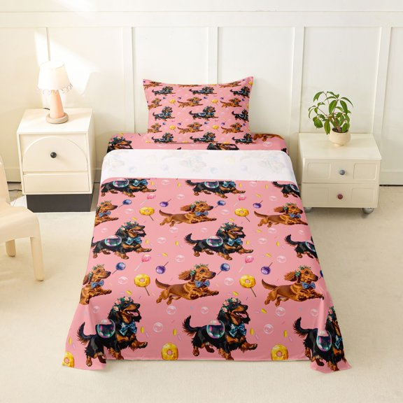 Homewish Pet Dachshund Twin Sheets,Cute Animal Bedding,Pink,3 Pieces,1 Fitted Sheet and 1 Pillowcase