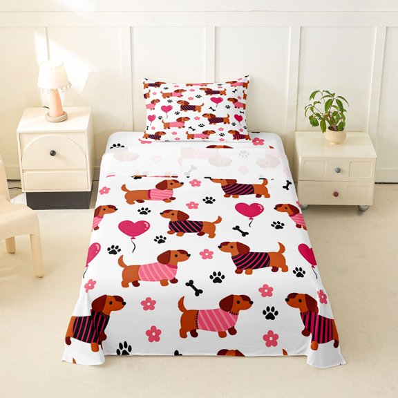Homewish Pet Dachshund Twin Sheets,Dog Paws Bedding,White,Heart Balloon Decor,3pcs,1 Fitted Sheet and 1 Pillowcase