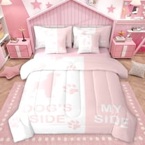 Homewish Pet Dog Lovers 7-Piece Twin Bedding Sets,Cartoon Puppy Dogs Bedding Comforter Set,White Pink Sheet Sets Fot Girl Boys,Microfiber Bedroom Decor Reversible