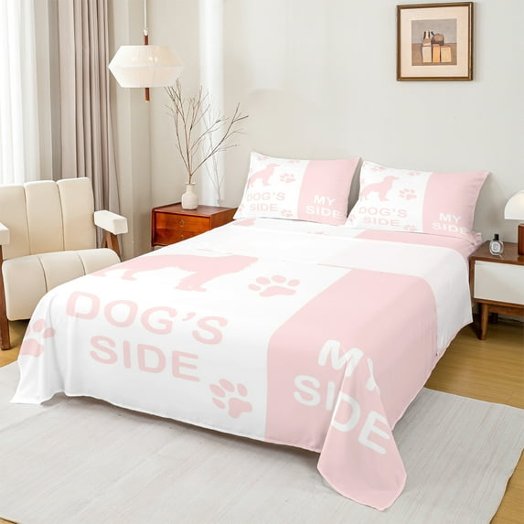 Homewish Pet Dog Lovers Twin Sheet Sets,Cartoon Puppy Dogs Twin Fitted Sheet,White Pink Flat Sheet Fot Girl Boys,Microfiber Bedroom Decor,3-Piece