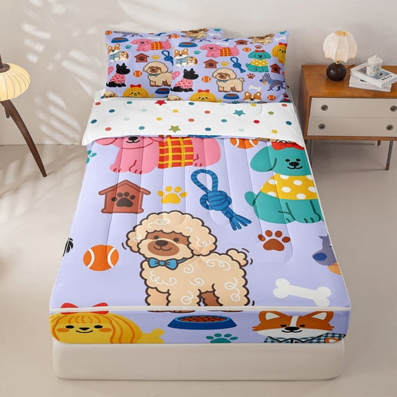 Homewish Pet Dog Theme Zipper Twin Comforter Sets with Fitted Sheet and 2 Pillowcases,Cartoon Animal Zipper Bedding Set,Purple,Polkadot Reversible,4pcs