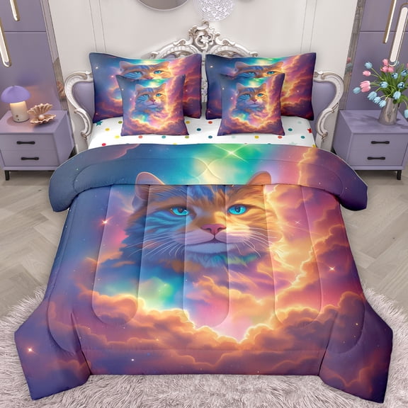 Homewish Pet Kitten Lover 7-Piece Twin Bedding Sets,Cartoon Cat Bedding Comforter Set,Gold Clouds Sheet Sets For Teens,Microfiber Bedroom Decor Reversible
