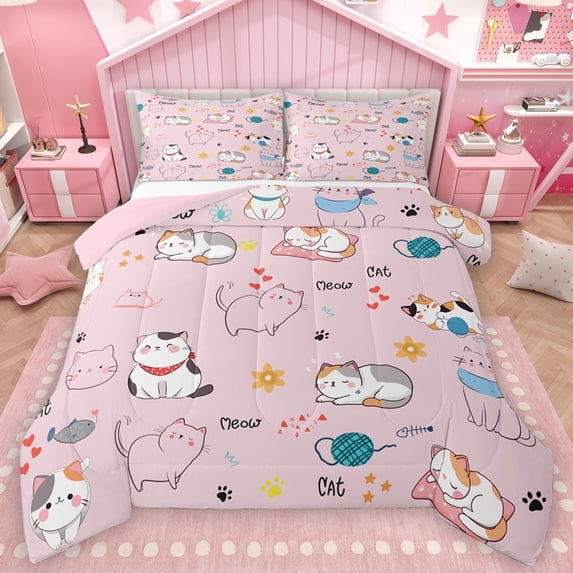 Homewish Pet Kitten Lover Queen Comforter Set,Kawaii Cat Bedding Sets,Puppy Dogs Paws Bedding Comforter Set For Teens,Microfiber Bedroom Decor Reversible,3 Pieces