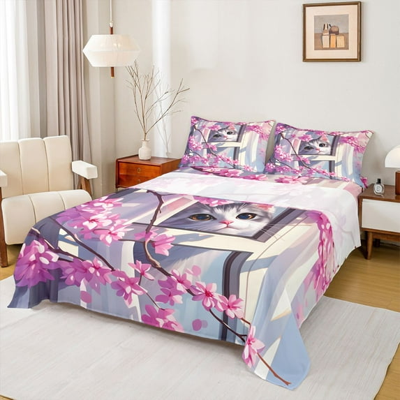 Homewish Pet Kitten Lovers Bed Sheets,Japanese Sakura King Sheets,Pink Cherry Blossom Sheet Set For Girl Teens,Ultra Soft Home Decor,4pcs