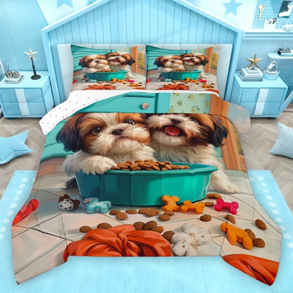 Homewish Pet Puppy Dog Bedding Comforter Set,Cartoon Animal Twin Comforter Sets,Blue Brown Orange Bedding Set For Boys Teens,Ultra Soft Home Decor Reversible,2-Piece