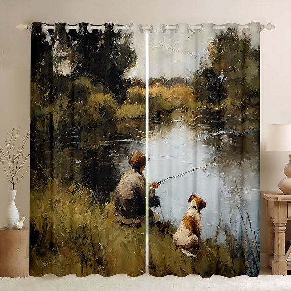 Homewish Pet Puppy Dogs Black Out Curtains,Fishing And Hunting Curtains Pack of 2 (42x63 Each),Oil Painting Artistic Bedroom Curtains For Men Women,Super Cozy Room Decor