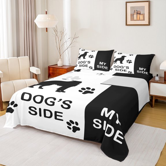 Homewish Pet Puppy Dogs Twin Sheet Sets,Cute Paws Twin Fitted Sheet,White Black Flat Sheet For Boys Girls,Luxury Bedroom Decor,3pcs