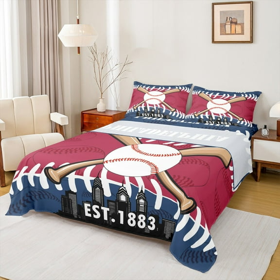 Homewish Philadelphia City Silhouette Twin Sheet Sets,Baseball Sport Game Twin Fitted Sheet,Red Blue White 03 For Boys,Super Cozy Room Decor,3 Pieces