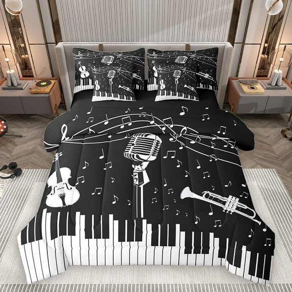 Homewish Piano Violin Saxophone 7pcs Bedding Comforter Set for Teens Boys Girls,Music Melody Queen Bedding Sets Super Cozy,Musical Notes Queen Sheet Sets,Breathable Home Decor,Reversible