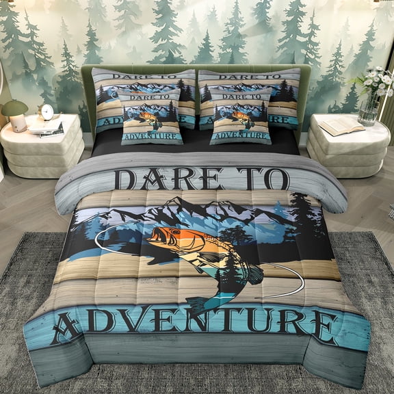 Homewish Pike Fish 7-Piece Bedding Comforter Set,Rustic Farmhouse Cabin King Bedding Sets,Outdoor Adventure Bed Sheets For Boys Kids,Luxury Bedroom Decor Reversible