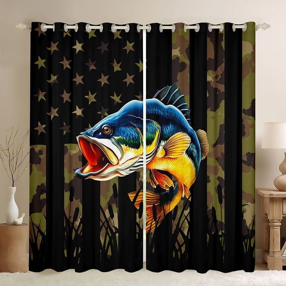 Homewish Pike Fish Black Out Curtains,Rustic Camouflage Print Curtains Pack of 2 (42x63 Each),Country Farmhouse Lodge Bedroom Curtains For Boys Teens,Luxury Bedroom Decor