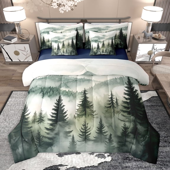 Homewish Pine Tree 7-Piece Bedding Comforter Set,Tropical Botanical Plant King Bedding Sets,White Green Bed Sheets For Mane Women,Super Cozy Room Decor Reversible