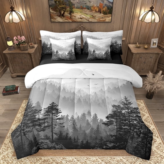 Homewish Pine Tree 7-Piece Twin Bedding Sets,Tropical Botanical Bedding Comforter Set,Rustic Farmhouse Cabin Sheet Sets For Men Women,Microfiber Bedroom Decor Reversible