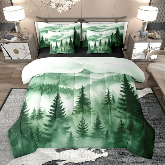 Homewish Pine Tree 7-Piece Twin Bedding Sets,Tropical Botanical Plant Bedding Comforter Set,Green White Sheet Sets For Mane Women,Super Cozy Room Decor Reversible