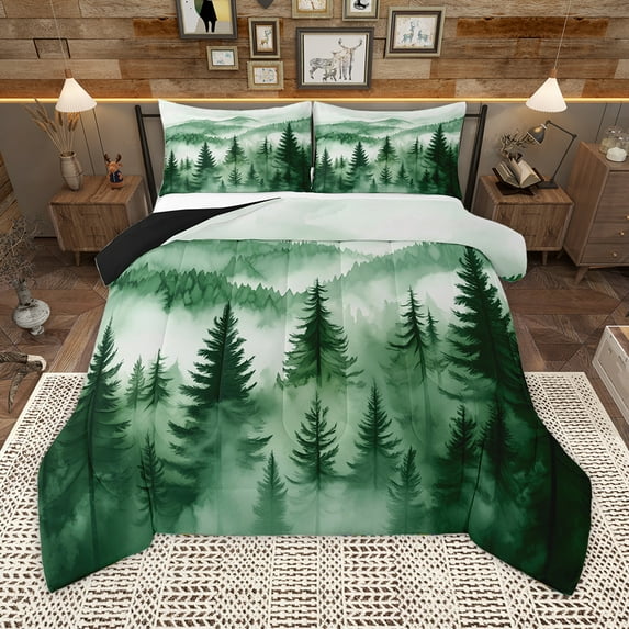 Homewish Pine Tree Bedding Comforter Set,Tropical Botanical Plant Twin Comforter Sets,Green White Bedding Set For Mane Women,Super Cozy Room Decor Reversible,2-Piece