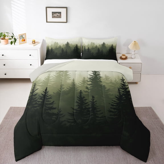 Homewish Pine Tree Bedding Comforter Set,Tropical Botanical Twin Comforter Sets,Deep Green Bedding Set For Men Women,Microfiber Bedroom Decor Reversible,2 Pieces