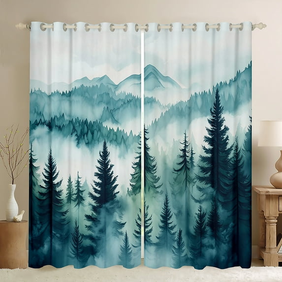 Homewish Pine Tree Black Out Curtains,Tropical Botanical Plant Curtains Pack of 2 (42x63 Each),Teal White Bedroom Curtains For Mane Women,Super Cozy Room Decor