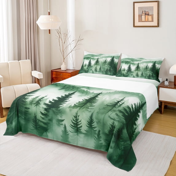Homewish Pine Tree Queen Sheet Sets,Tropical Botanical Plant Flat Sheet,Green White Queen Fitted Sheet For Mane Women,Super Cozy Room Decor,4pcs