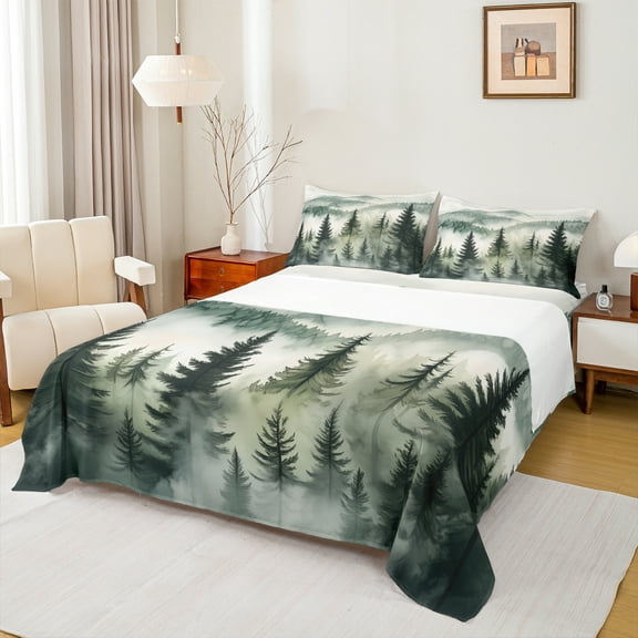 Homewish Pine Tree Queen Sheet Sets,Tropical Botanical Plant Flat Sheet,White Green Queen Fitted Sheet For Mane Women,Super Cozy Room Decor,4pcs