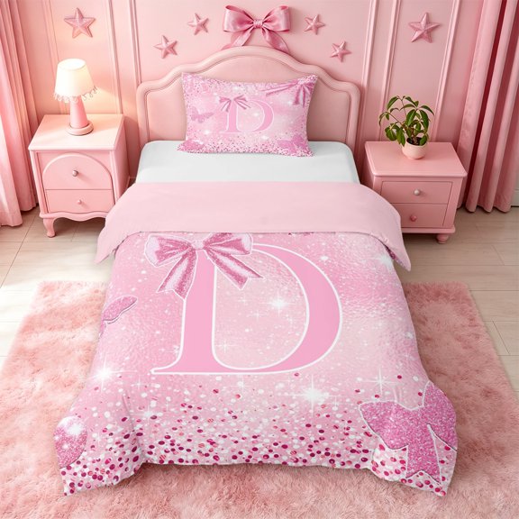 Homewish Pink 3D Cartoon Initial D Twin Duvet Cover,Pink Sequin Print Butterfly Twin Bedding For Girl,Pink Reversible,2-Piece,1 Duvet Cover and 1 Pillowcase
