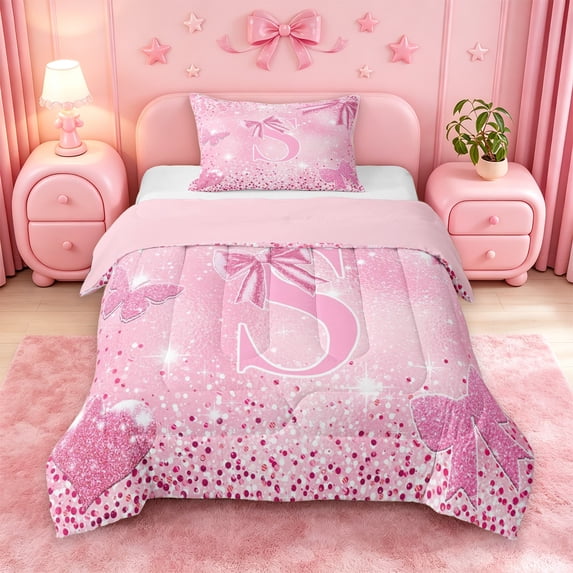 Homewish Pink 3D Cartoon Initial S Twin Comforter SetsPink Glitter Print Butterfly Bedding Set For Girl,Pink Reversible,2pcs,1 Comforter and 1 Pillowcase
