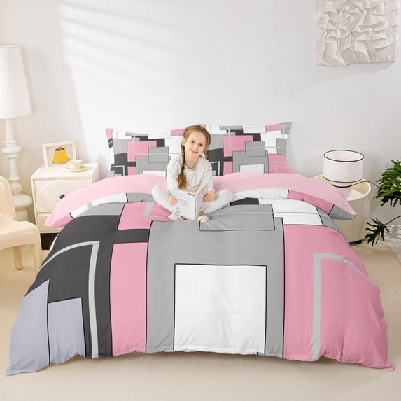 Homewish Pink Abstract Block Duvet Cover Queen,Contemporary Art Queen Bedding,Pink Reversible,3pcs,1 Duvet Cover and 2 Pillowcases