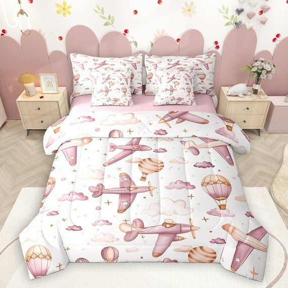 Homewish Pink Airplane 7-Piece Twin Bedding Sets,Cartoon Aircraft Bedding Comforter Set,Vintage Hot Air Balloon Sheet Sets For Girl Kids,Microfiber Bedroom Decor Reversible