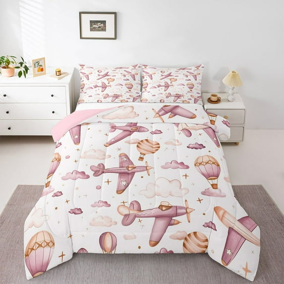 Homewish Pink Airplane Bedding Comforter Set,Cartoon Aircraft Twin Comforter Sets,Vintage Hot Air Balloon Bedding Set For Girl Kids,Microfiber Bedroom Decor Reversible,2-Piece