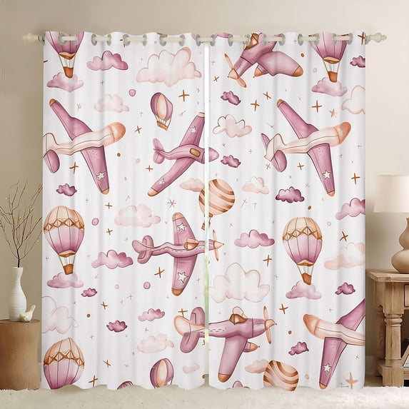Homewish Pink Airplane Black Out Curtains,Cartoon Aircraft Curtains Pack of 2 (42x63 Each),Vintage Hot Air Balloon Bedroom Curtains For Girl Kids,Microfiber Bedroom Decor